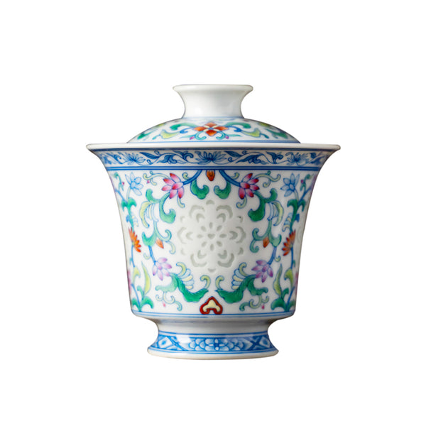 TENSI Kiln Doucai Twin-Hibiscus Lidded Tea Bowl