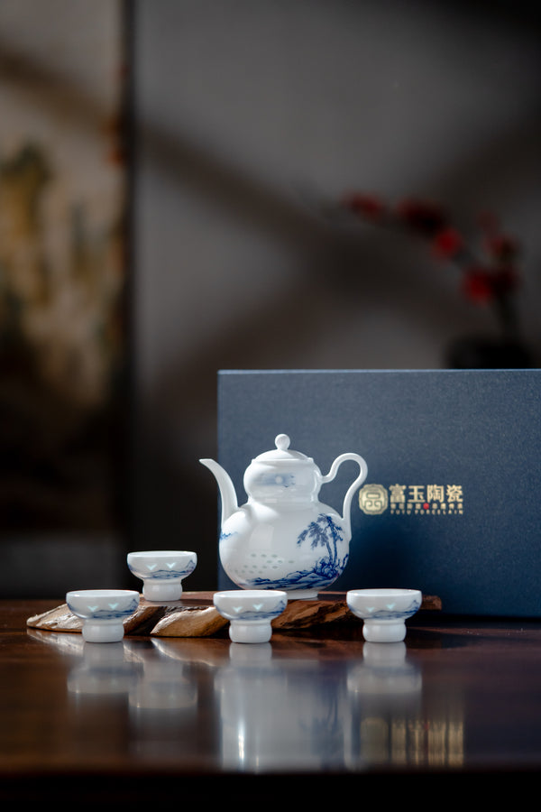 Blue and White Porcelain Twin-Pines Wine Set